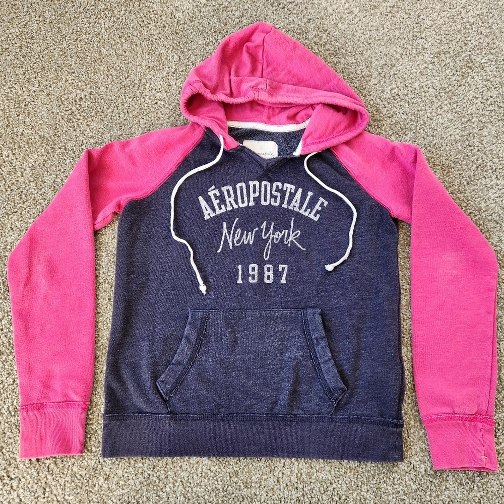 LIKE NEW Aeropostale Dark Denim Blue and Pink Hoodie Sweatshirt Size M Juniors